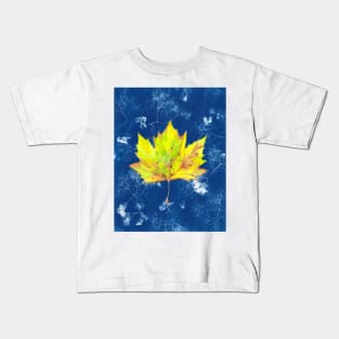 Yellow watercolour autumn leaf on a blue cyanotype background Kids T-Shirt